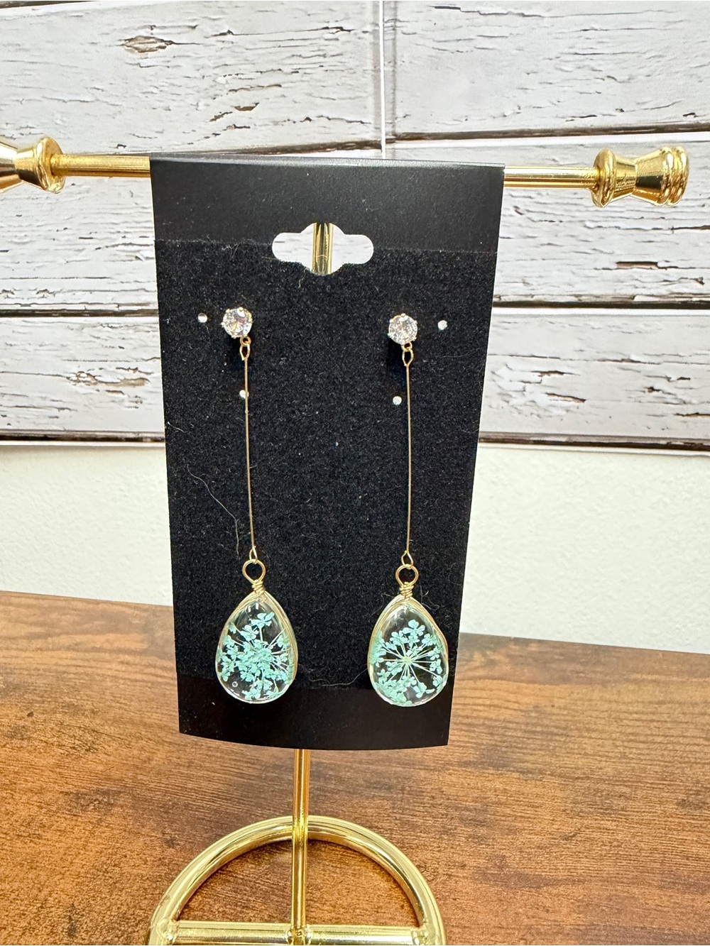 Gold Drop Earrings with Mint Green Floral Teardrops